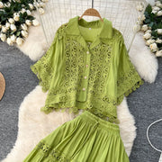 Luxury Long Dresses 2 Piece Sets Women Summer Holiday Hollow Out Crop Tops Elastic Waist Maxi Skirts Suits A Line Party Vestidos
