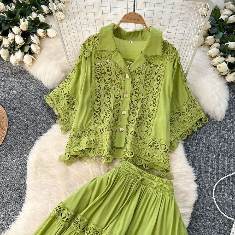 Luxury Long Dresses 2 Piece Sets Women Summer Holiday Hollow Out Crop Tops Elastic Waist Maxi Skirts Suits A Line Party Vestidos