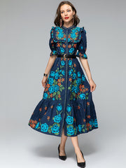 Floral three-quarter sleeve midi dress with high quality belt