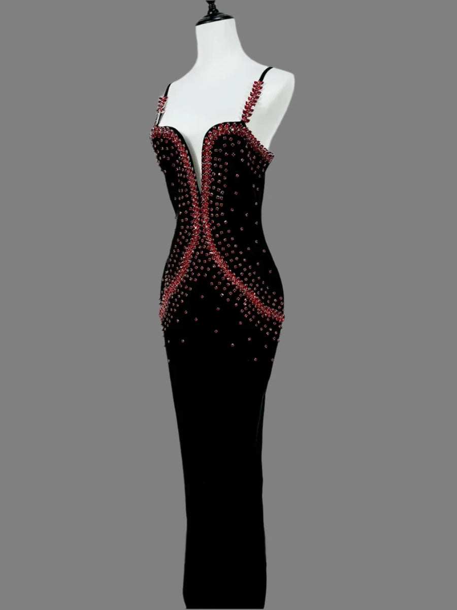 Luxury Diamond Spaghetti Strap Backless Design V Neck Sexy Bodycon Lon ETERNA Luxury Diamond Spaghetti Strap Backless Design V Neck Sexy Bodycon Lon ETERNA