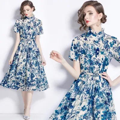 High quality vintage short sleeve printed dresses with belt