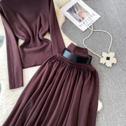 Women Elegant Office Two Piece Sets Autumn Winter Long Sleeved Standing Neck Sweater Top High Waist Slim A-line Long Skirt Suits