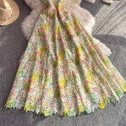 Long dress with open back and sexy A-line cut with high-quality flowers and embroidered lace