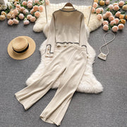 Two Piece Set Knitted Crop Top + Wide Leg Pant Suits