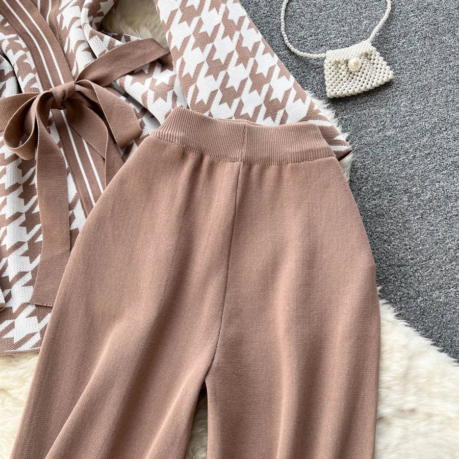 Two Piece Sets V-neck Bowknot Sweater Top + High Waist Draped Long Pants