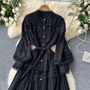 Elegant retro style slit maxi dress with pearl buttons and high-quality crochet embroidery