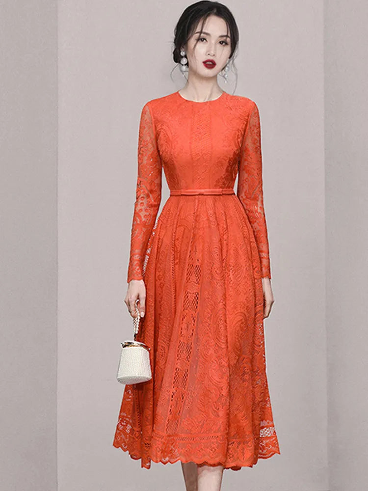 High quality slim waist round neck long sleeve openwork dress