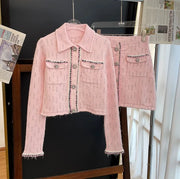 Slim Fit Spring Autumn Office Ladies Pink Tweed Short Jacket High Waist A-Line Skirt Two Piece Set Elegant Women Fashion Sets