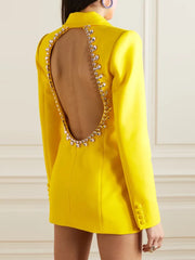 HIGH STREET Newest  Designer Jacket Women's Rhinestone Diamonds Beaded Backless Long Blazer