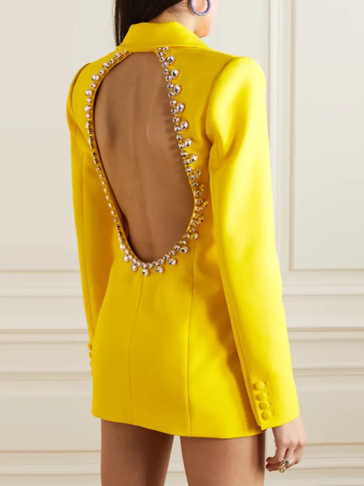 HIGH STREET Newest  Designer Jacket Women's Rhinestone Diamonds Beaded Backless Long Blazer
