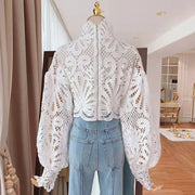 High Quality Transparent Elegant Hollow Out Long Sleeve Lace Blouse