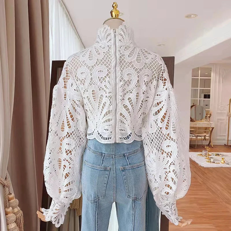 High Quality Transparent Elegant Hollow Out Long Sleeve Lace Blouse