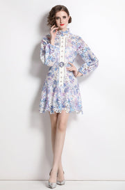 High Quality Belted Hollow Out Button Down Embroidered Long Sleeve Dress