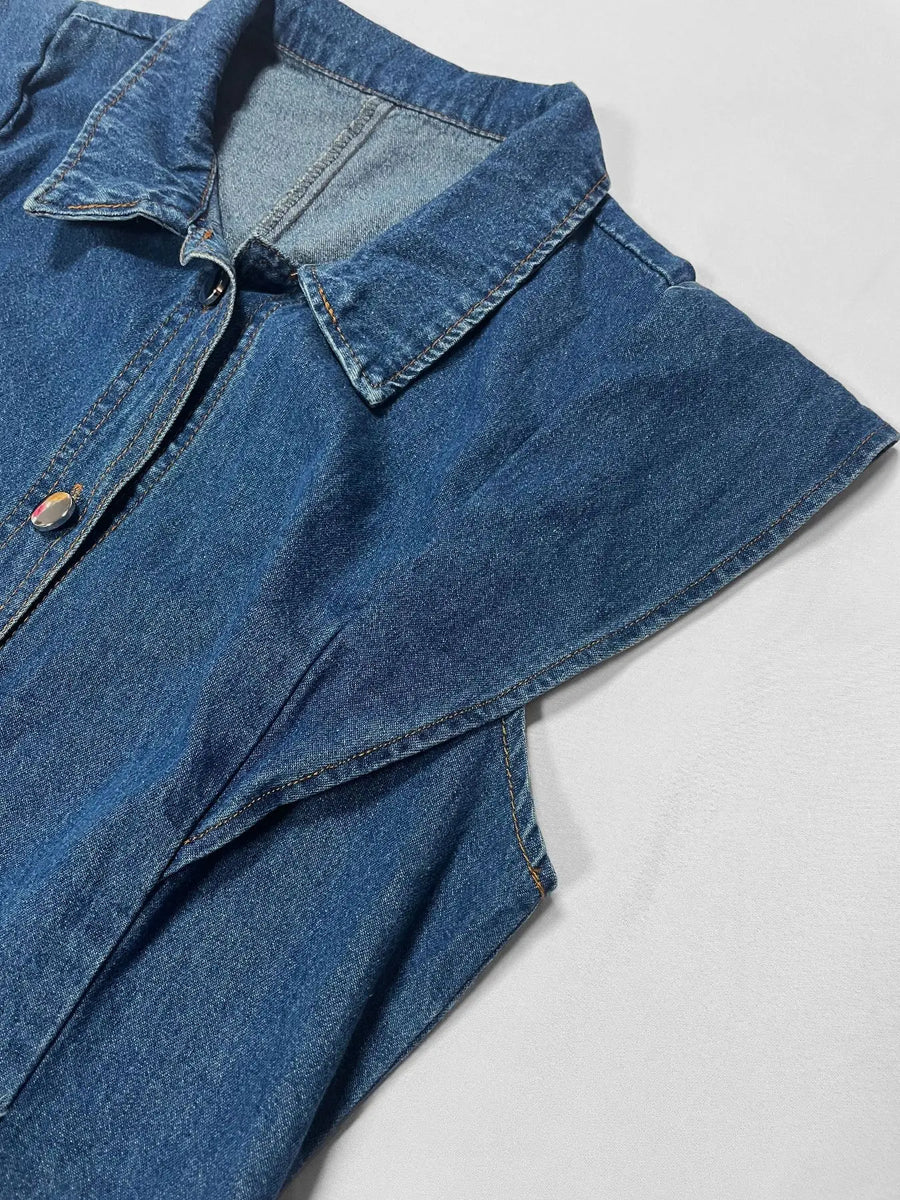 Long Dress Women Denim Dresses A Line Vestidos  Streetwear Turn Down Collar Sleeveless Elegant Casual Loose