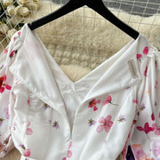 Runway Fashion V-Neck Short Lantern Sleeve Flower Print Belted Holiday Long Robes