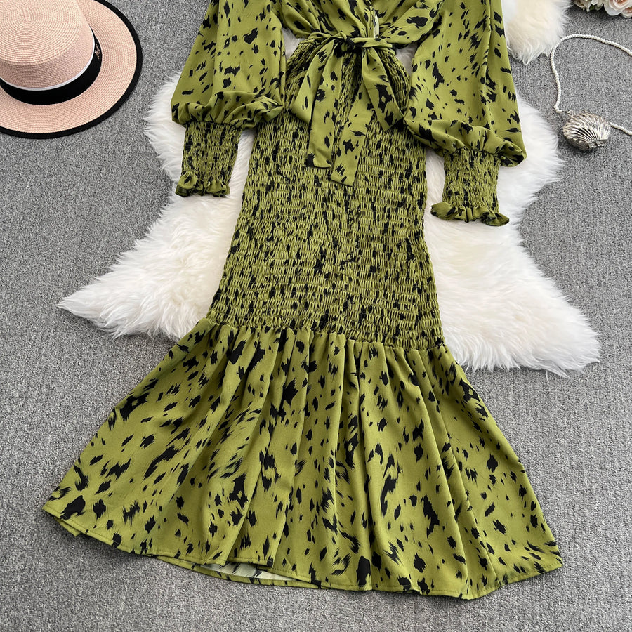 Retro Sweet V Neck Slim Lace -up Print Autumn Summer Elegant Elastic Dress A-line Long Sleeve Vacation Women Mermaid Dresses