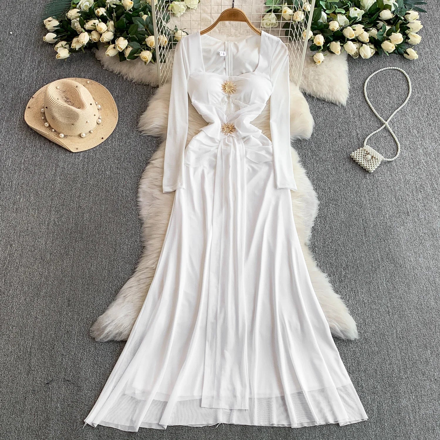 Celebrities Metal Buckle Square Collar with Chest Pad Dress Women's High-end Lace Splicing Mesh Yarn Streamer Elegant Long Dress