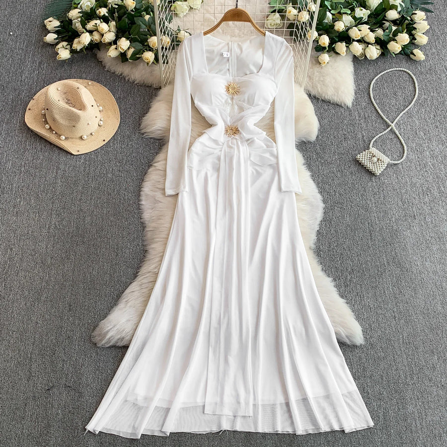 Celebrities Metal Buckle Square Collar with Chest Pad Dress Women's High-end Lace Splicing Mesh Yarn Streamer Elegant Long Dress