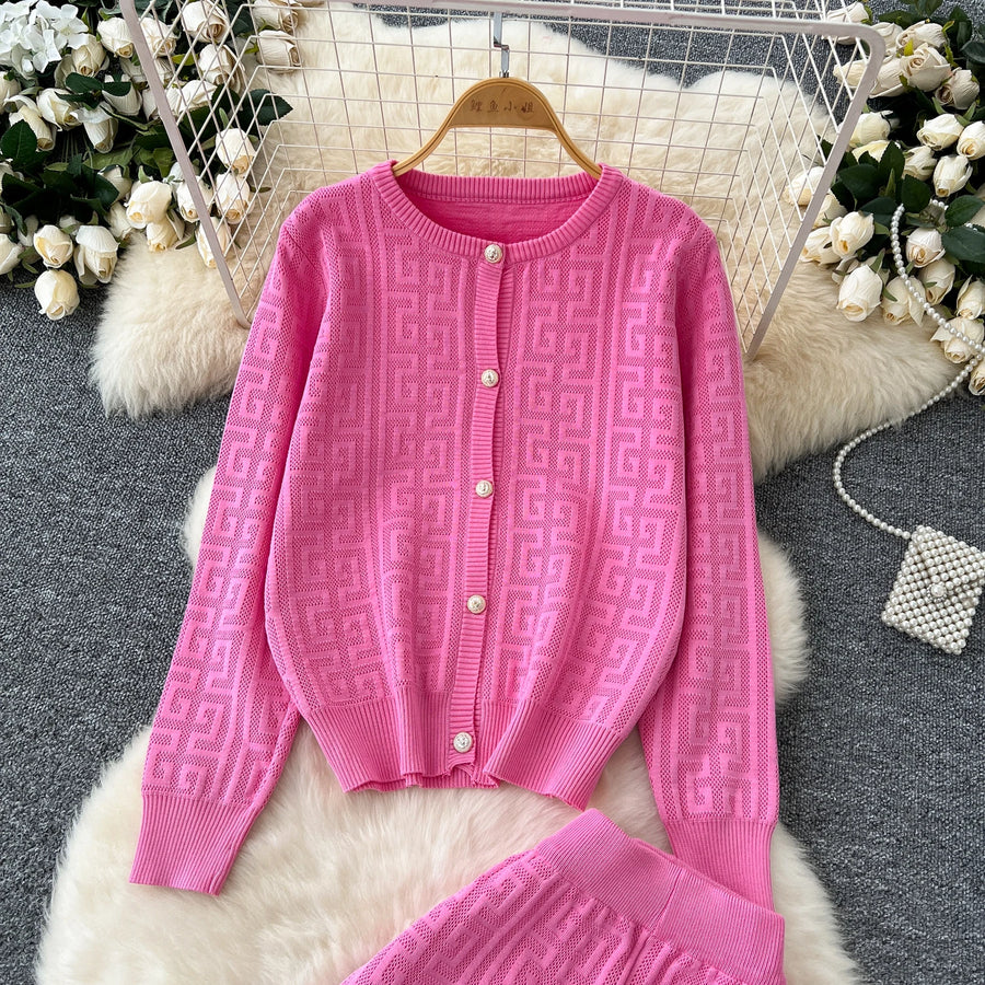 High quality long sleeve cardigan + long elastic pants knitted sets