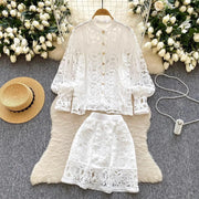 Summer Embroidery Maxi Dress Two Piece Set Women Blue Hollow Lace Long Sleeve Blouse Shirts 3pcs Sets Elastic Waist Skirts Suits