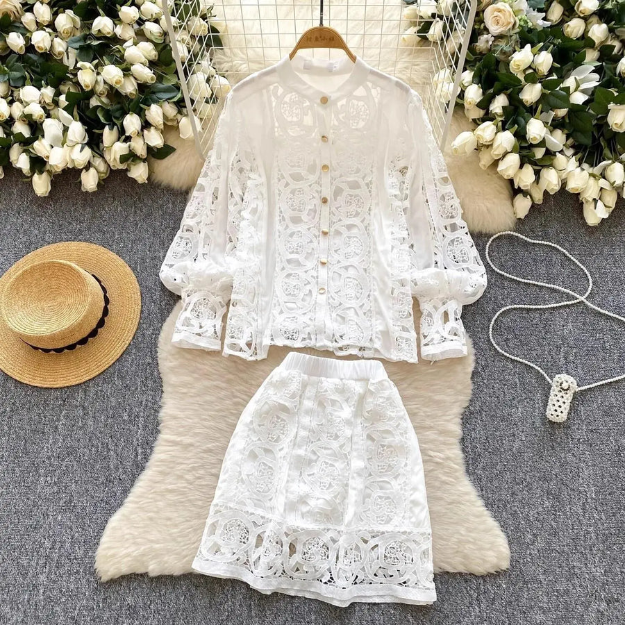 Summer Embroidery Maxi Dress Two Piece Set Women Blue Hollow Lace Long Sleeve Blouse Shirts 3pcs Sets Elastic Waist Skirts Suits