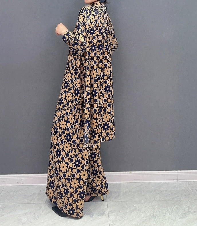 Two-pieces Long Sets For Spring Autumn Printing Long Shirt And Wide Leg Pants Casual Loose Matching Suit Clothes