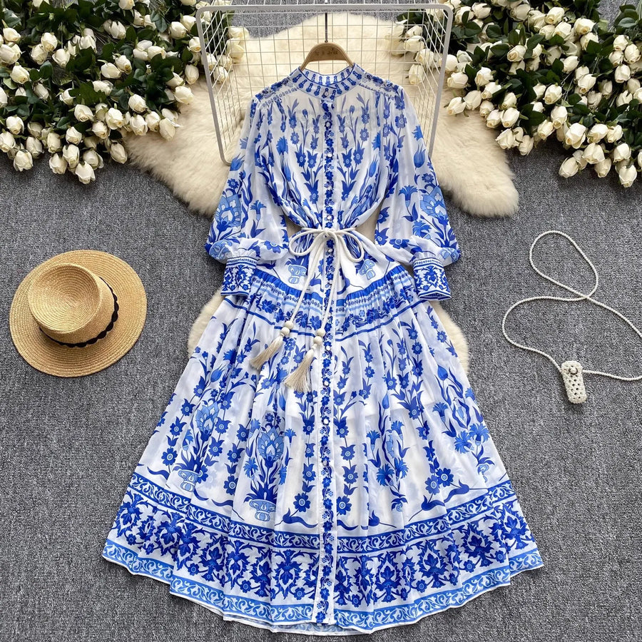 High quality bohemian style loose floral chiffon dress with long sleeves and bow print