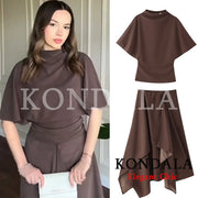 KONDALA Women Trendy Skirt Set Half High Collar Top Asymmetrical Skirt New Fashion 2026 Spring Summer Beach Holiday Skirt Set
