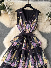 High Quality Lavender Flowers Cascading Ruffle Belt V Neck Sleeveless Dress