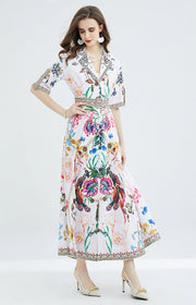 Long short-sleeved dress with flower print and high-quality belt