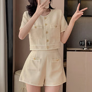 Two 2 Piece Shorts Sets Women Tweed Shorts Suits Office Ladies Single-Breasted Short Sleeve Jacket Coat High Waist Shorts S-XL