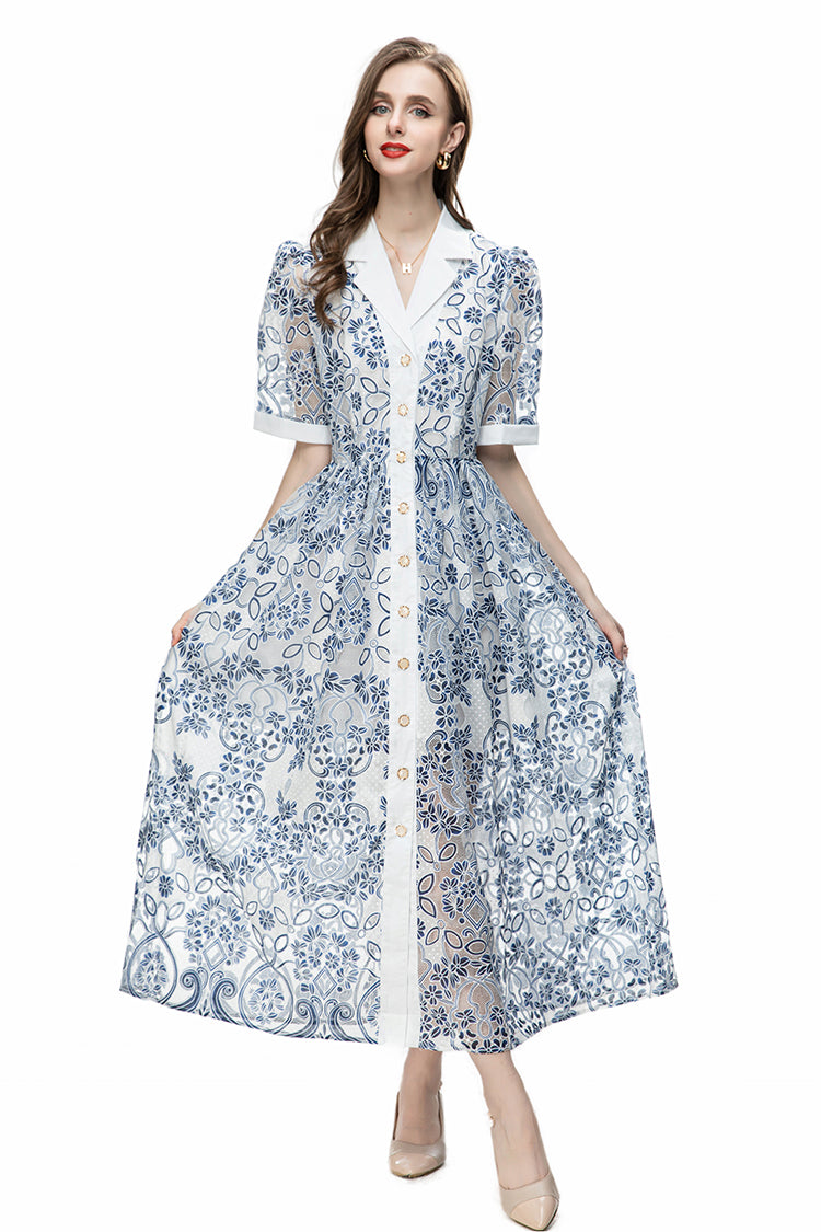 High Quality Vintage Lapel Buttons Lace Embroidery Bodycon Maxi Dress Mixed Color / L High Quality Vintage Lapel Buttons Lace Embroidery Bodycon Maxi Dress Mixed Color / L