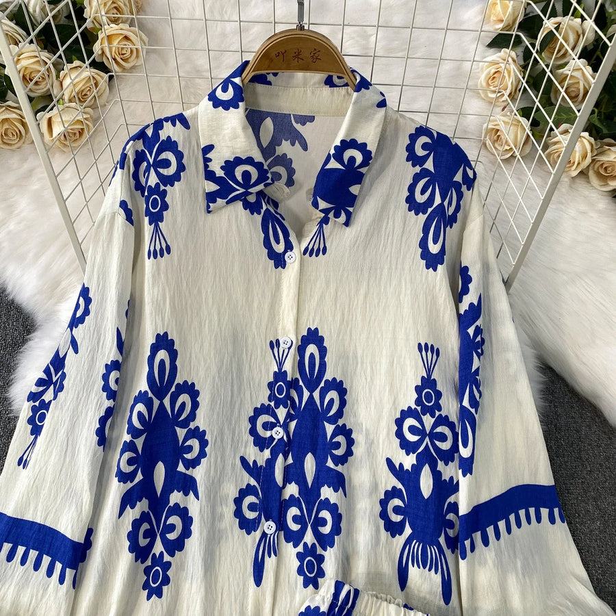 Women Two Piece Skirt Sets Shirt Muslim Suits Shirt Tops Full Sleeve Solid Wide Leg Pant Long Elegant Elastic Waist Summer 2025