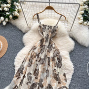 Women's long floral dress with thin straps, sleeveless, elastic, ruched with high-quality print