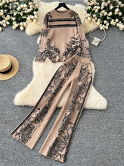 Jacquard Knitting Two Pieces Suits Women Long Sleeve O Neck Sweater+Wide Leg Pants Autumn Winter Warm Loose 2pcs Sets