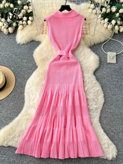 SINGREINY 1950s Ribbed Knit Dress Sleeveless Lapel Belt French Ins Chic Spring Summer Celebrity Style Feminine A-line Long Dress
