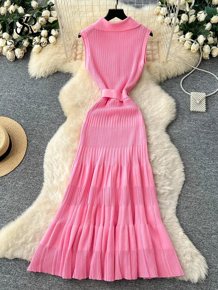 SINGREINY 1950s Ribbed Knit Dress Sleeveless Lapel Belt French Ins Chic Spring Summer Celebrity Style Feminine A-line Long Dress