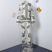 2024 Summer Fashion Print Long Pant Sets Women's Lapel Long Sleeve Shirt Wide Leg Trousers Lady Chic 2 Pieces Sets Street Outfit