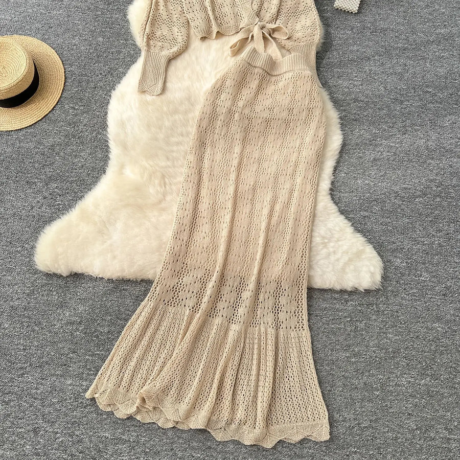 Two Piece Sets Women Skirt Set Full Sleeve Tops Long Skirts A Line High Waist  Streetwear Hollow Out Knit Work Autumn