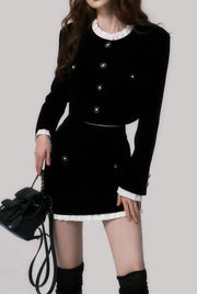 Two Piece Velvet Skirt Set Single-breasted Long Sleeve Short Coat + A-line Mini Skirt High Quality