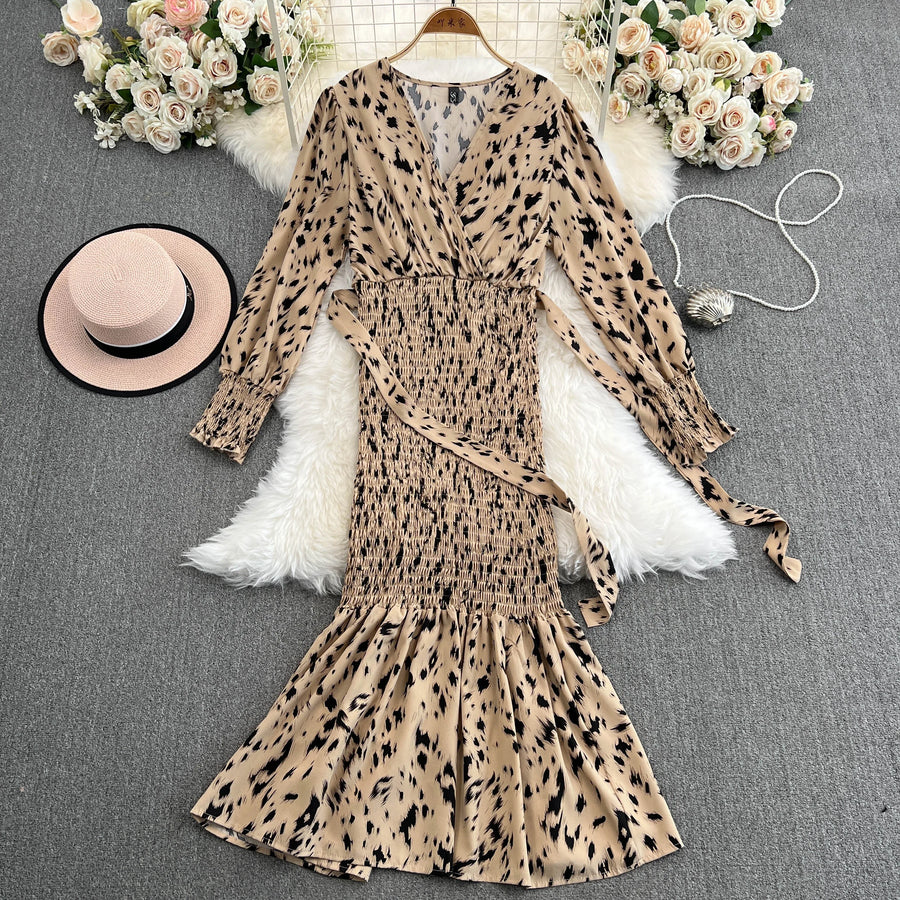 Retro Sweet V Neck Slim Lace -up Print Autumn Summer Elegant Elastic Dress A-line Long Sleeve Vacation Women Mermaid Dresses