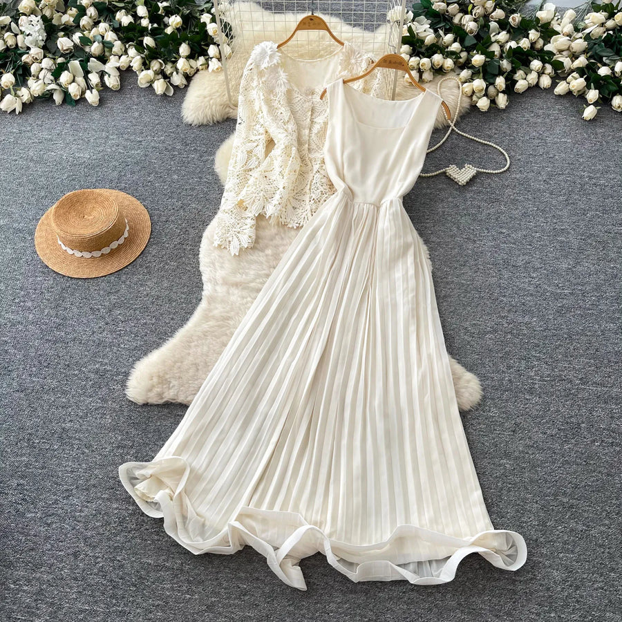Lace Ruffle Camis Midi Dress Two Pieces Sets V Neck Top  Vintage   Tulle Pleated  Skirt   High Waist A-line Skirt Fall Sets