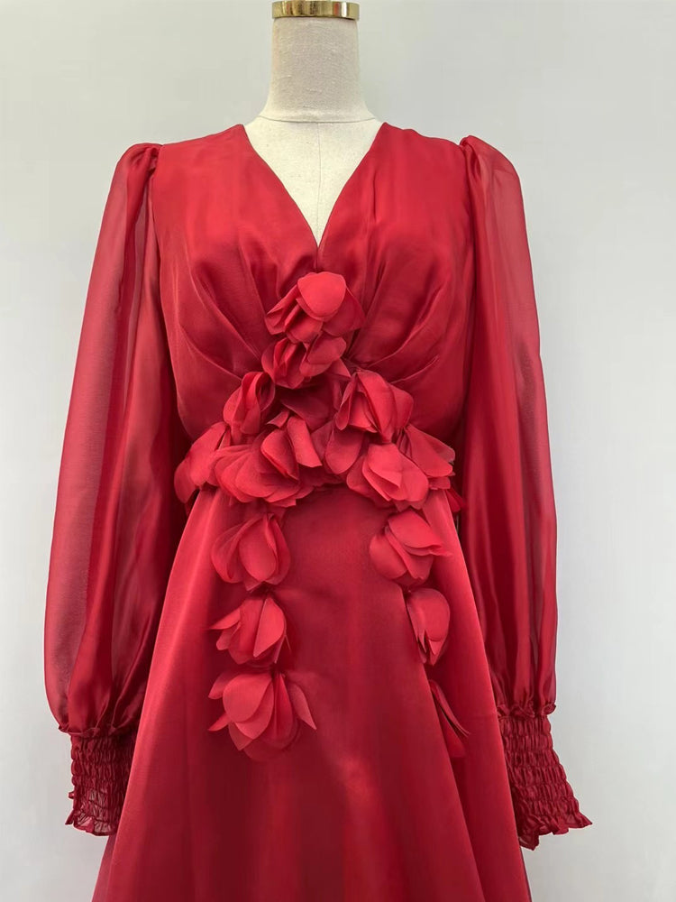 Women Spring Summer Dress Runway Fashion V-Neck 3D Appliques Backless Long Sleeve White Apricot Elegant Party Holiday