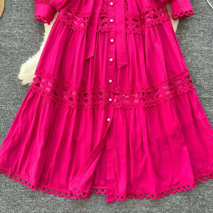 Elegant retro style slit maxi dress with pearl buttons and high-quality crochet embroidery