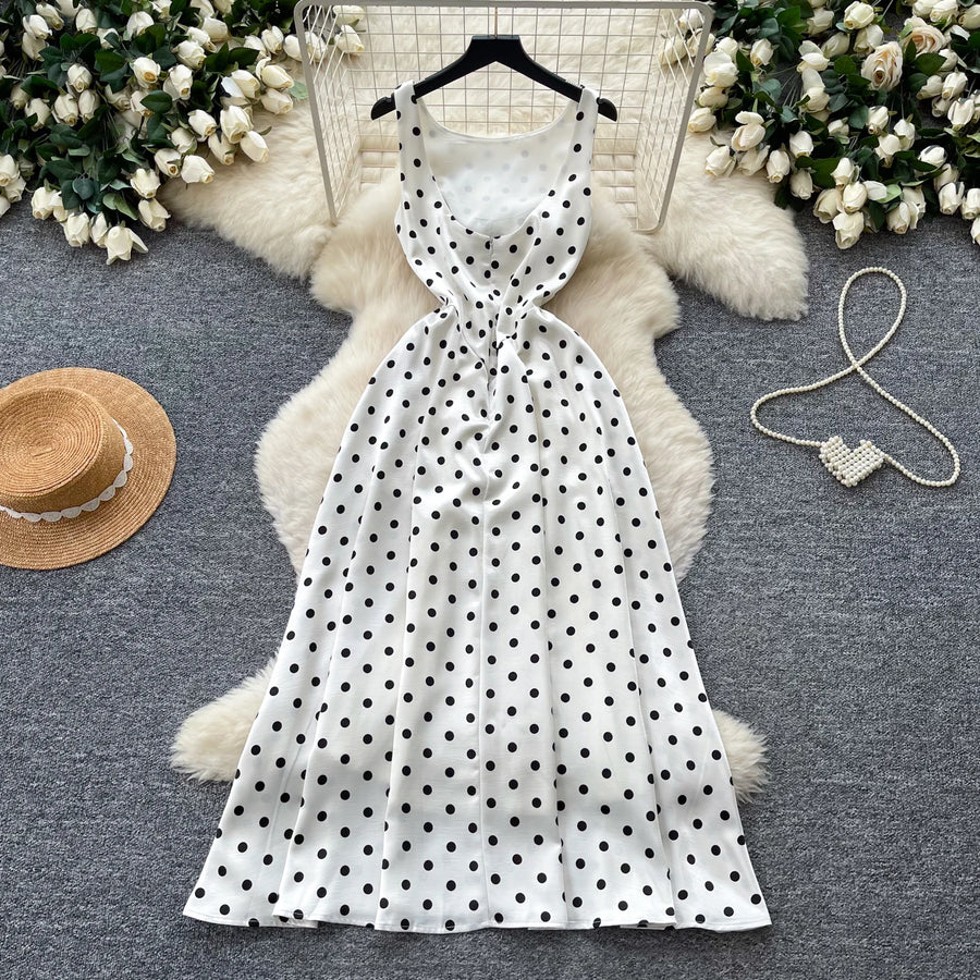 Sexy Backless Polka Dot Maxi Dress High Waist Slimming Summer Korean Style Sleeveless Women's Dress