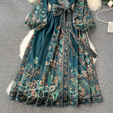 High quality vintage floral prints V-neck elegant long dress