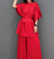 2 Piece Set Stylish Half Sleeve Blouses + With High Quality Wide Leg Long Pants