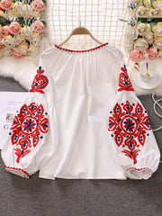 High Quality Lantern Sleeve V Neck Embroidery Shirt