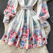 High Quality Belted High Neck Lantern Sleeves Long Floral Dress