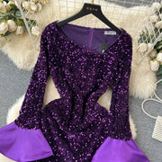 Elegant Long Sleeve V Neck Ruffles Sparkly Sequins Sexy Dress